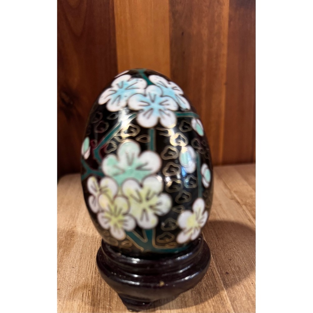 Vintage Cloisonne Egg Black Floral Display Stand Ornate Decorative Art Y1.2 - Picture 2 of 9